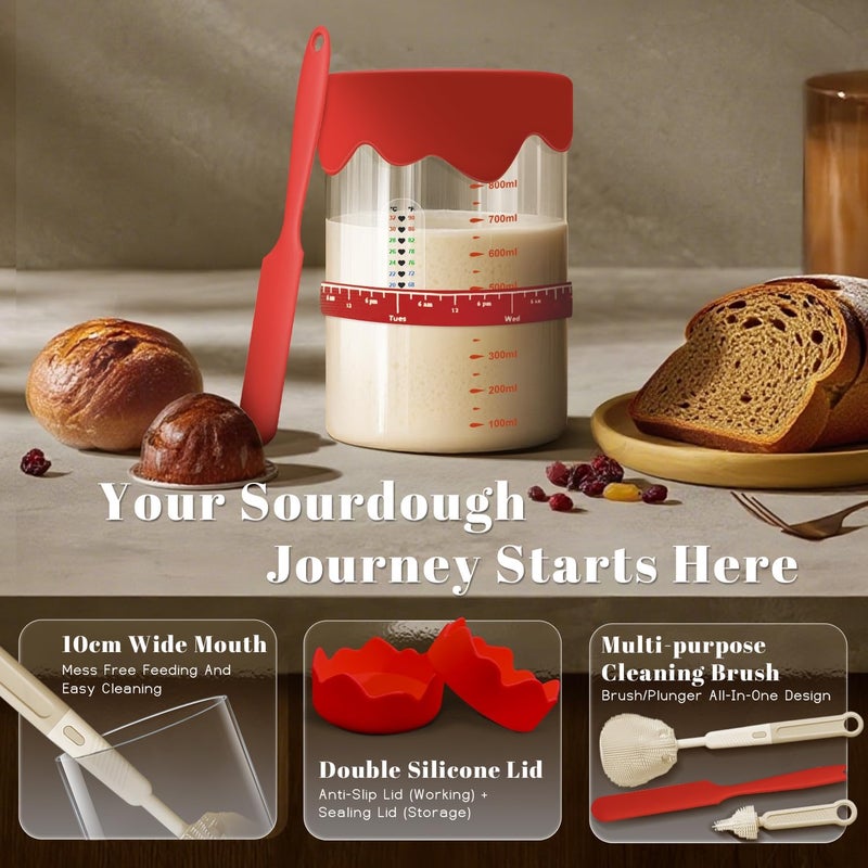 Solisifime Pro Sourdough Starter 10-In-1 Kit – 34 Oz Glass Jar With Lid, Cloth Cover, Date Band, Brush, Temp Strip, Silicone Spatula, Heating Mat – Sourdough Bread Baking Supplies, Glass Container, Red - Image 3